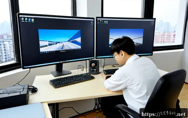 갈현동 STATUS_DISK_CORRUPTION - Photorealistic compact design studio workstation in Galhyeon-dong, dual monitors showing a clean abs...