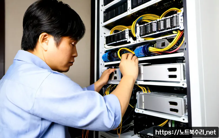 마포구 하드조립 및 교체수리 - Photorealistic computer repair workshop in Mapo-gu, Seoul, technician carefully installing a new gra...