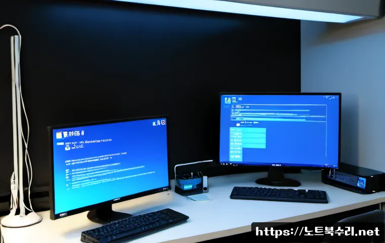 신계동 BAD_SYSTEM_CONFIG_INFO - Photorealistic IT support workstation in a compact Yeongdeungpo-style office, dual monitors showing ...