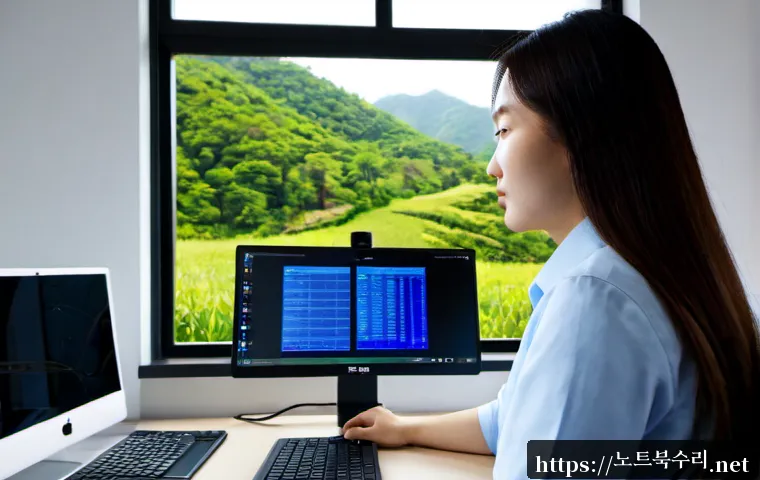 중부면 STATUS_KERNEL_DEBUG_FAILURE - Photorealistic IT support workstation in a quiet semi-rural Korean office, dual monitors showing abs...
