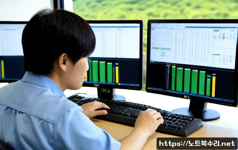 양지면 CDFS_FILE_SYSTEM - Photorealistic IT support workstation in Yangji-myeon, Korea, dual monitors showing a clean abstract...