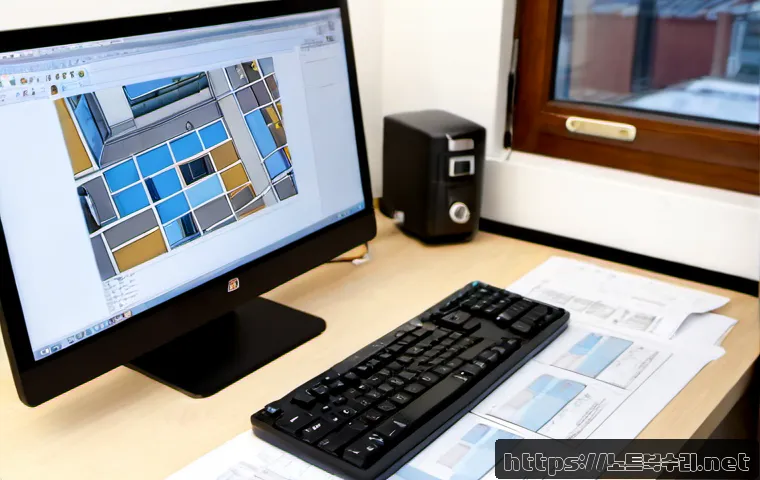 연지동 STATUS_FILE_LOCK_CONFLICT - Photorealistic desktop workstation in a compact Yeonji-dong design studio, dual monitors showing a b...