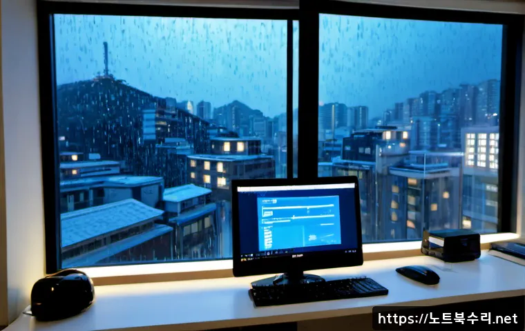 고담동 STATUS_SYSTEM_FILE_MISSING - Photorealistic IT support workstation in a compact modern Seoul apartment office, dual monitors show...