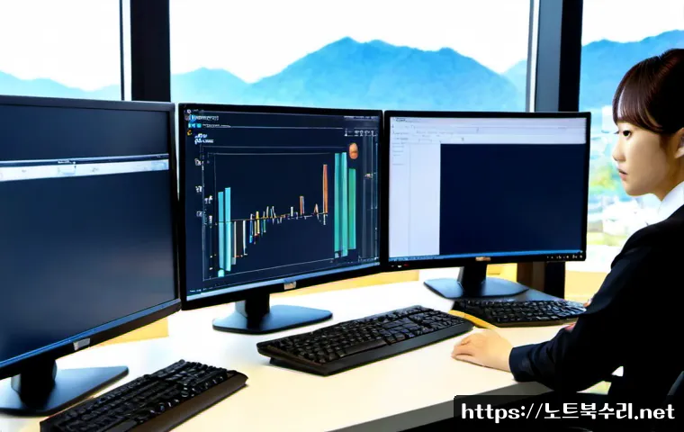 의왕시 STATUS_KERNEL_APC_PENDING - Photorealistic IT support workstation in Uiwang, Korea, dual monitors showing a clean abstract syste...