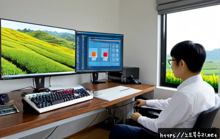 하동 STATUS_FILE_WRITE_FAILURE - Photorealistic remote support workstation in a modern office near Hadong tea fields, engineer viewin...