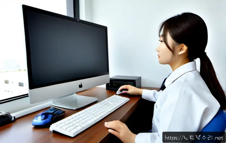 죽전동 IO_DEVICE_ERROR - Photorealistic IT support workstation in a modern Korean suburban office, desktop computer with a bl...