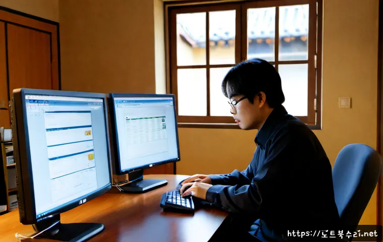 궁정동 STATUS_DEVICE_OFFLINE - Photorealistic IT support workstation in a discreet historic Seoul neighborhood office, dual monitor...