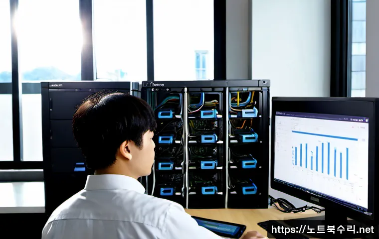 금릉동 server출장방문수리점 - Photorealistic server technician performing an on-site repair in a compact Geumneung-dong office, op...