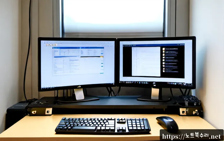 동선동 STATUS_FILE_LOCK_CONFLICT - Photorealistic remote-support workstation in a compact Dongseon-dong apartment office, dual monitors...
