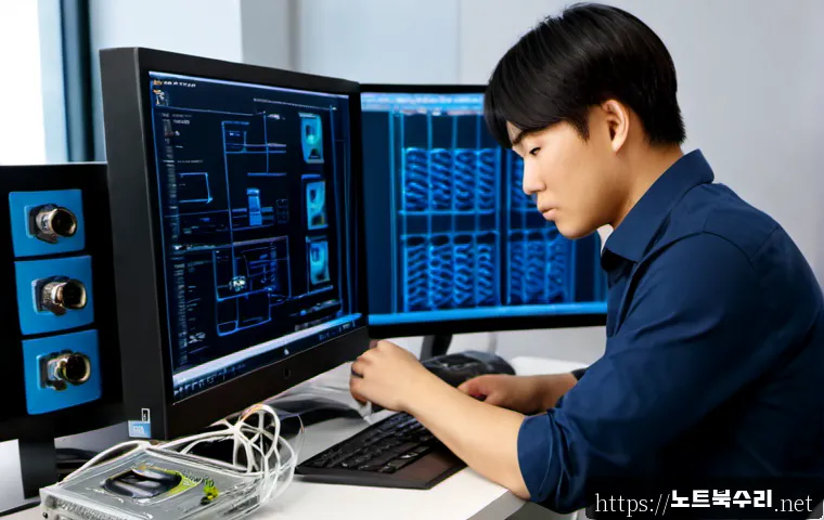 마포동 STATUS_DISK_NOT_INITIALIZED - Photorealistic IT support workstation in a modern Mapo-style creative office, technician connecting ...
