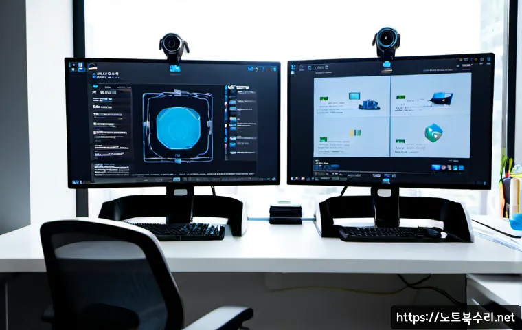 풍산동 악성코드 바이러스 - Photorealistic IT technician disinfecting a sleek office workstation, dual monitors showing abstract...