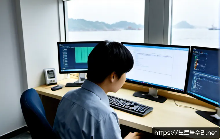 신포동 STATUS_SESSION_TIMEOUT - Photorealistic remote-support workstation in a compact Sinpo-dong office, dual monitors showing a mu...
