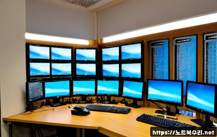 부발읍 중고컴퓨터 pc 출장판매설치 - Photorealistic compact computer showroom in Bubal-eup, refurbished desktop towers and monitors arran...