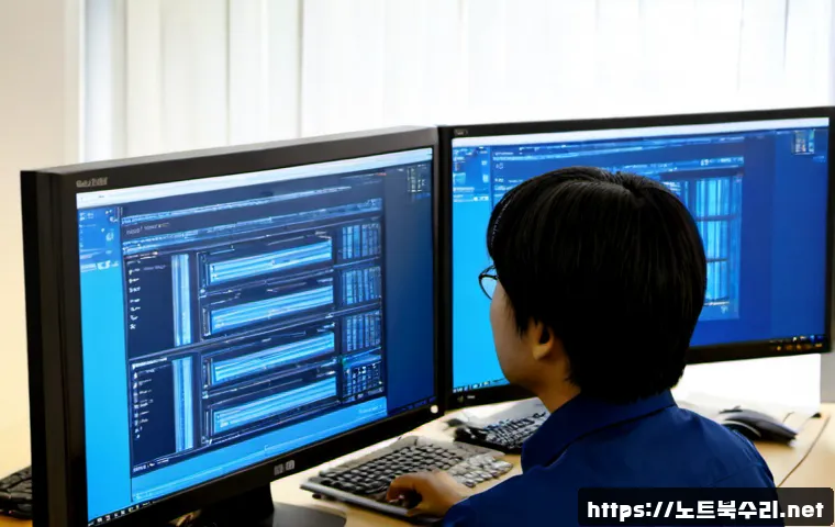 초일동 STATUS_KERNEL_HEAP_CORRUPTION - Photorealistic IT support workstation in a quiet suburban office, dual monitors showing an abstract ...