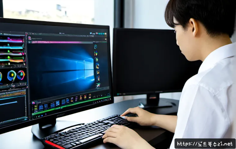 서원동 STATUS_KERNEL_MEMORY_LEAK - Photorealistic IT support workstation in a compact Seowon-dong office, dual monitors showing abstrac...