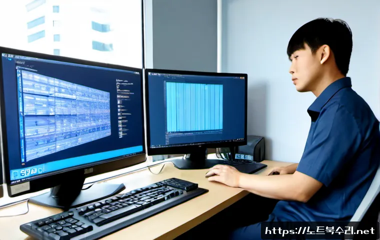 둑실동 NTFS_FILE_SYSTEM - Photorealistic IT support workstation in a compact Duksil-dong office, dual monitors showing abstrac...
