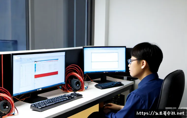 여월동 STATUS_NO_MEMORY - Photorealistic IT support workstation in a quiet Korean suburban office near low-rise apartment bloc...