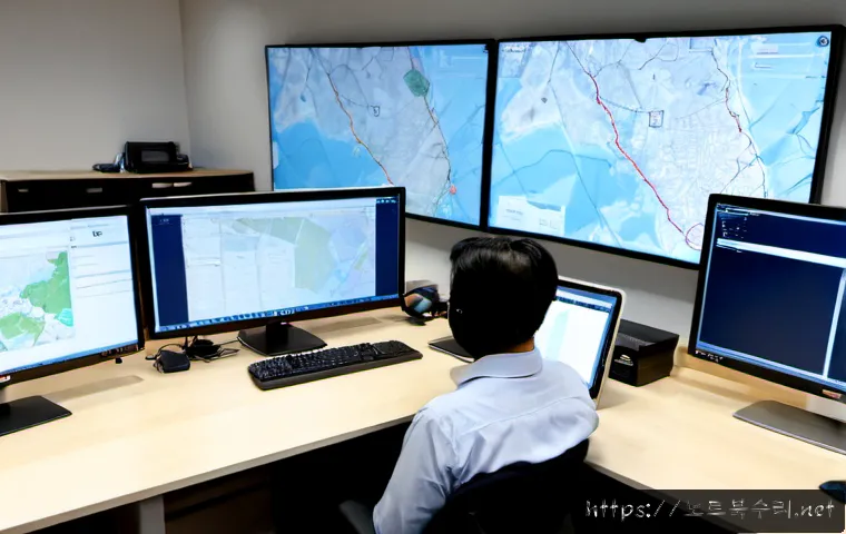 대장동 STATUS_MODULE_CORRUPTION - Photorealistic remote-support workstation in a modern Korean urban-planning office, dual monitors sh...