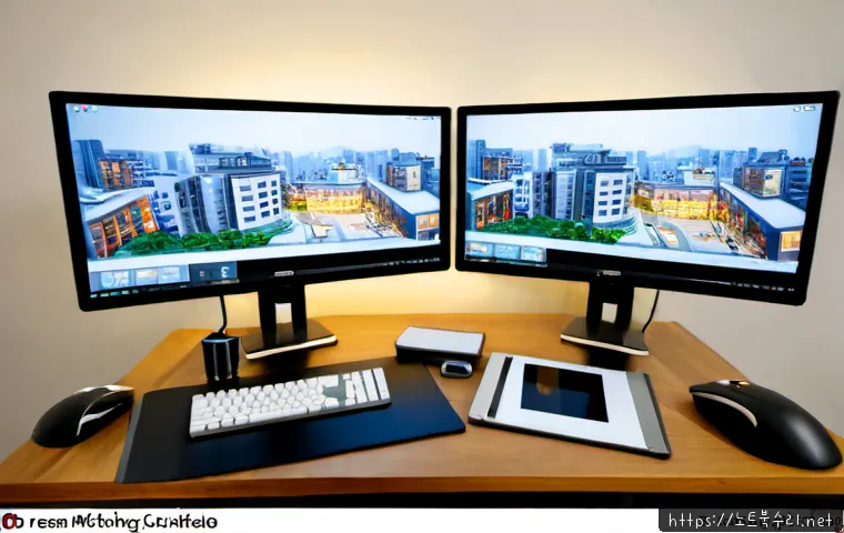 인현동 STATUS_ILLEGAL_INSTRUCTION - Photorealistic architectural CAD workstation in Inhyeon-dong, dual monitors displaying an unbranded ...