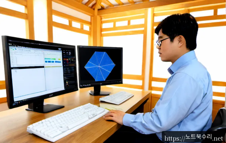 익선동 STATUS_KERNEL_STACK_CORRUPTION - Photorealistic IT support workstation inside a renovated traditional Korean hanok office in Ikseon-d...