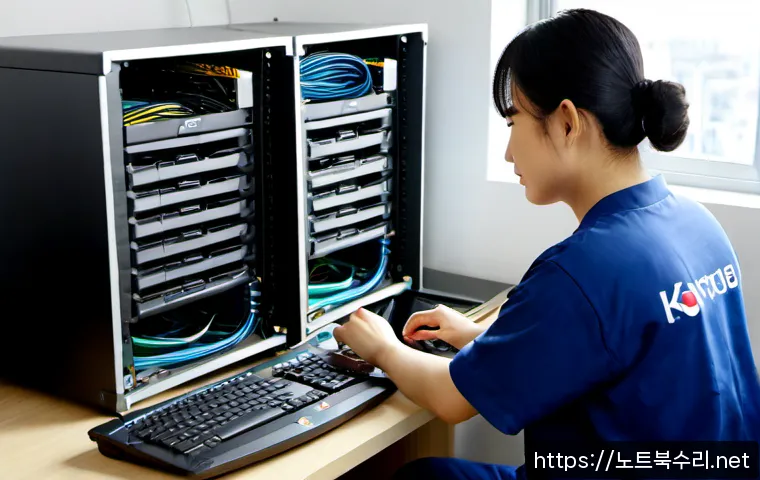 하봉암동 NAS출장방문수리점 - Photorealistic on-site NAS repair in a compact apartment workspace, technician connecting ethernet c...
