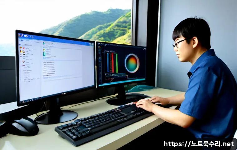 수궁동 STATUS_SYSTEM_FILE_MISSING - Photorealistic remote-support workstation in a compact Korean neighborhood office, dual monitors sho...