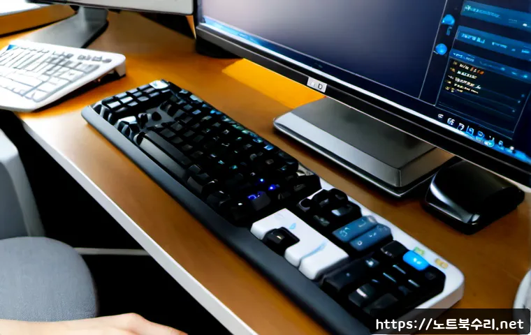 대방동 press  f4  key - Photorealistic remote-support workstation in a Daebang-dong apartment office, close view of a hand p...