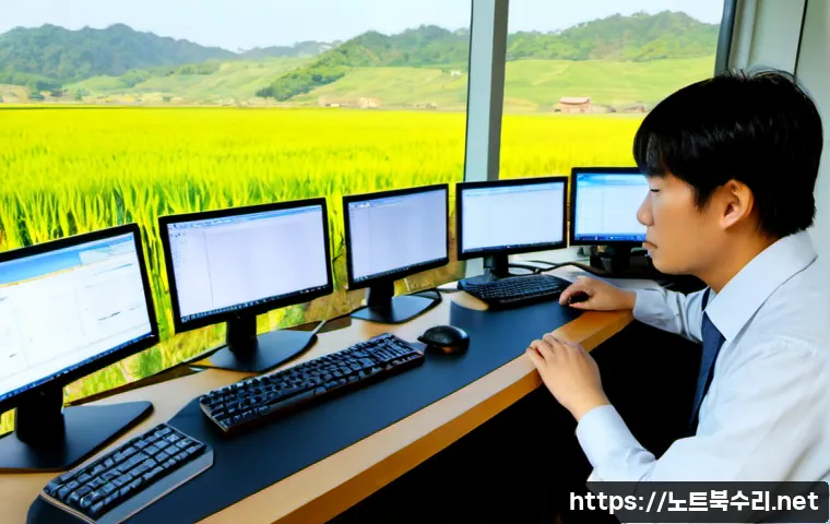 미산면 STATUS_KERNEL_THREAD_TIMEOUT - Photorealistic rural software support workstation in a quiet Misan-myeon farmhouse office, dual moni...