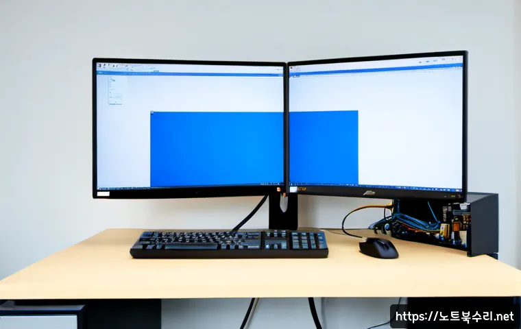 용인시 BAD_SYSTEM_CONFIG_INFO - Photorealistic IT support workstation in Suji-gu, Yongin, dual monitors showing a blank blue system ...