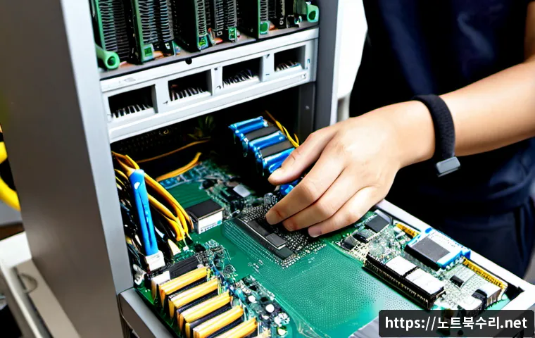 송북동 RAM조립 및 교체수리 - Photorealistic close-up of a skilled computer technician replacing RAM modules inside an open deskto...