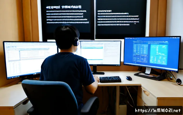 연희동 STATUS_CONTROL_C_EXIT - Photorealistic remote-support workstation in a quiet Yeonhui-dong apartment office, dual monitors sh...