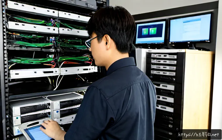 이패동 ftp서버출장방문수리점 - Photorealistic on-site FTP server repair in a compact Ipae-dong office studio, technician connecting...
