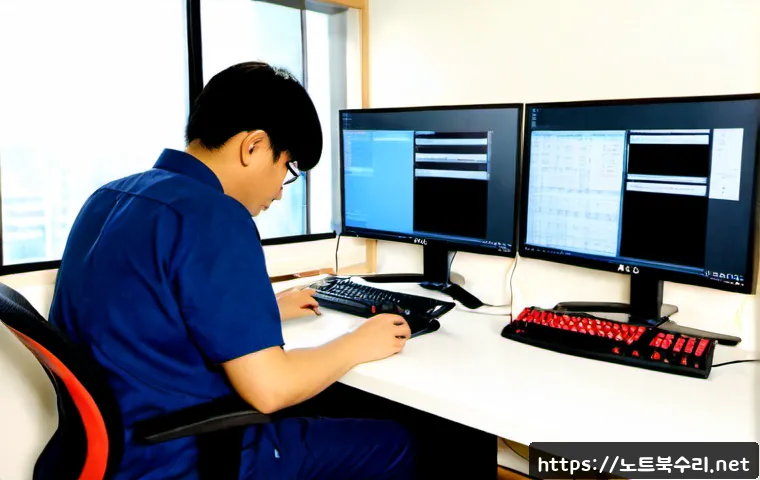 발산동 STATUS_INVALID_DISPOSITION - Photorealistic remote-support workstation in a compact Balasan-dong apartment office, dual monitors ...