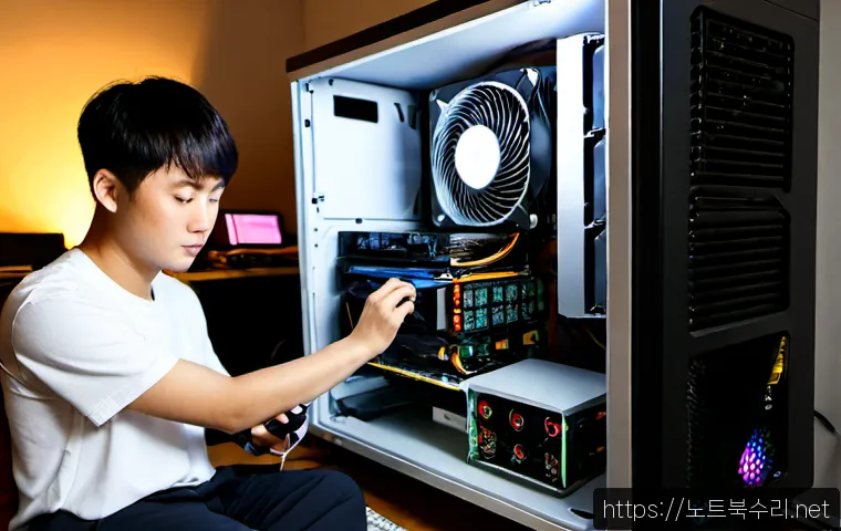 송촌동 쿨러조립 및 교체수리 - Photorealistic PC repair workstation in a compact Songchon-dong apartment office, technician careful...