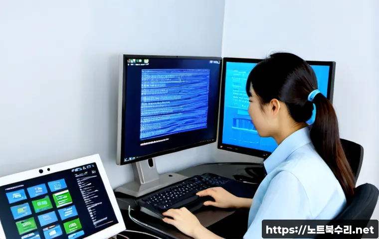 신공덕동 DRIVER_PORTION_MUST_BE_NONPAGED - Photorealistic remote-support workstation in a compact modern office near a Seoul rail district, des...