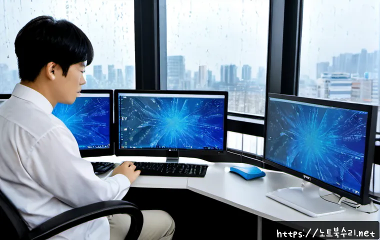 무교동 THREAD_STUCK_IN_DEVICE_DRIVER - Photorealistic IT support workstation in a modern Mugyo-dong office tower, dual monitors showing a f...