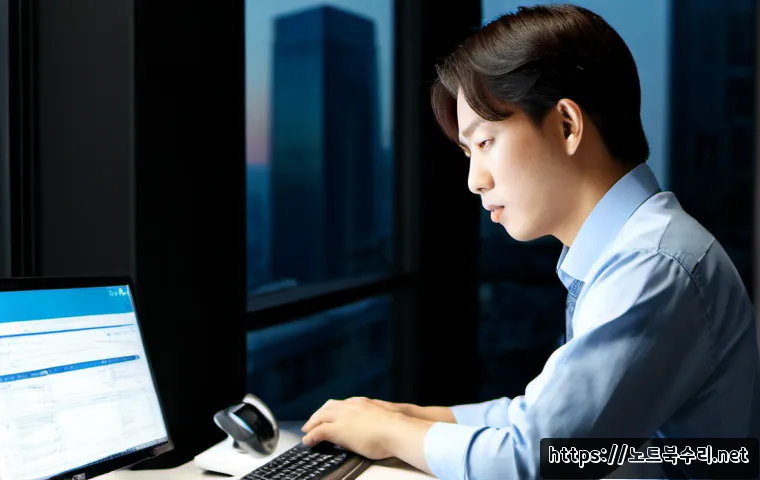 다동 STATUS_KERNEL_HANDLE_INVALID - Photorealistic IT support workstation in a modern Da-dong office tower, focused engineer diagnosing ...