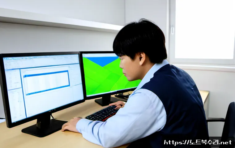 사우동 DRIVER_CAUGHT_MODIFYING_FREED_POOL - Photorealistic IT support workstation in a compact Sangok-dong style office, engineer reviewing a 3D...