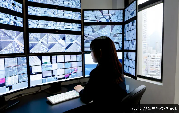 청암동 STATUS_KERNEL_MODULE_CORRUPTION - Photorealistic IT support workstation in a compact Cheongam-dong office, dual monitors showing abstr...