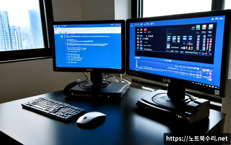 구리시 STATUS_KERNEL_MODE_EXCEPTION - Photorealistic IT support workstation in a modern Guri apartment office, dual monitors showing a bla...