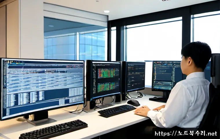목동 STATUS_CONTROL_C_EXIT - Photorealistic IT support workstation in a polished Mokdong office tower, dual monitors showing a no...