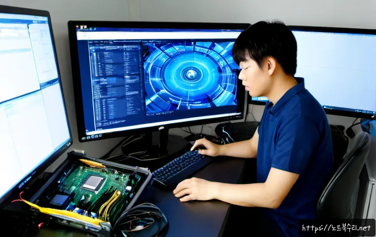 군자동 DRIVER_VERIFIER_DETECTED_VIOLATION - Photorealistic PC repair workstation in a compact Gunja-dong electronics office, dual monitors showi...