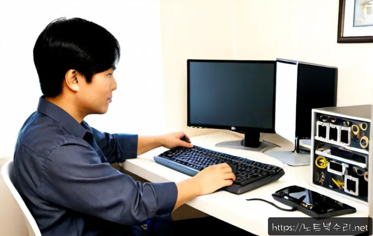 양촌읍 중고컴퓨터 pc 출장판매설치 - Photorealistic remote-support technician installing a refurbished desktop computer at a tidy home of...