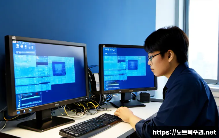 박달동 PFN_LIST_CORRUPT - Photorealistic IT support workstation in a compact Anyang industrial office, technician examining a ...