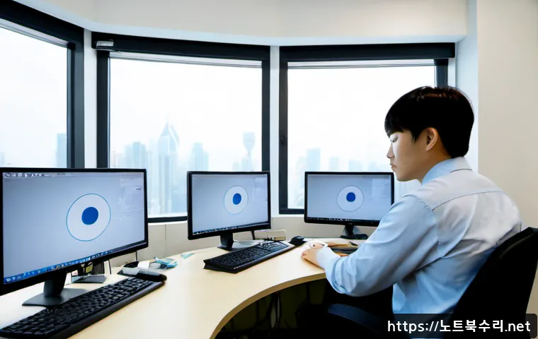 등촌동 STATUS_IO_TIMEOUT - Photorealistic IT support workstation in a modern Korean office near Deungchon-dong, technician stud...