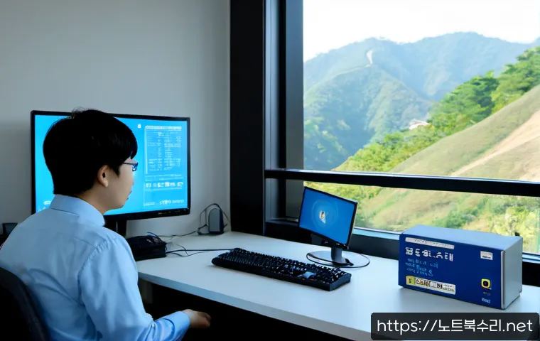 과천동 BAD_SYSTEM_CONFIG_INFO - Photorealistic IT support workstation in a quiet Gwacheon-dong apartment office, desktop monitor sho...