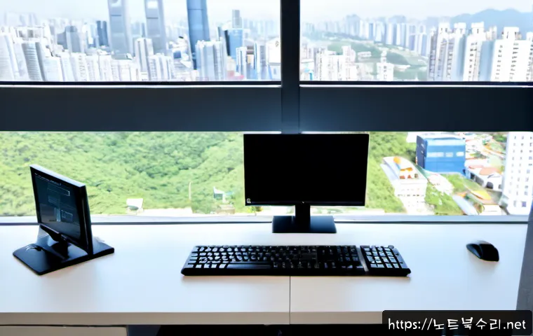 용산동 STATUS_NO_MEMORY - Photorealistic IT support workstation in a modern Yongsan apartment office, dual monitors showing a ...