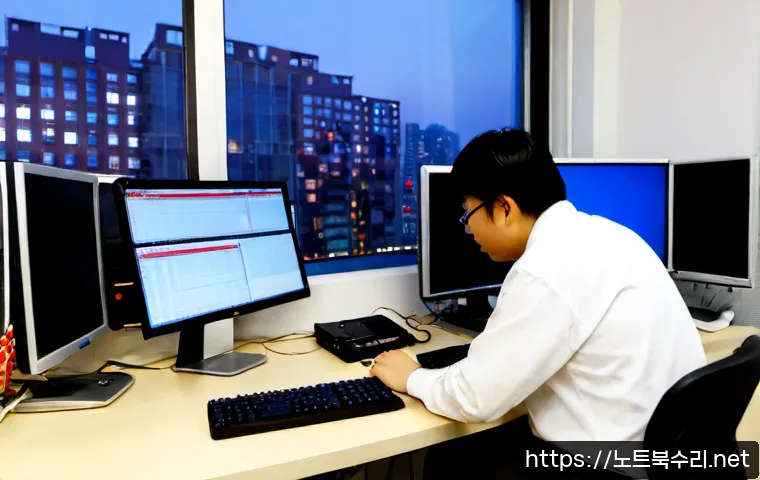 돈의동 STATUS_KERNEL_LOG_FAILURE - Photorealistic remote IT support workstation in a compact Donui-dong office, dual monitors showing a...