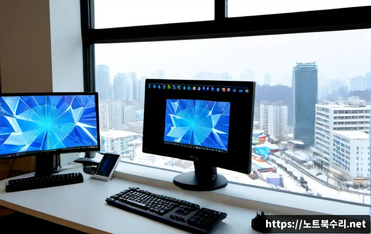 목동동 VIDEO_TDR_FAILURE - Photorealistic IT support workstation in a modern Mokdong-dong apartment office, dual monitors showi...