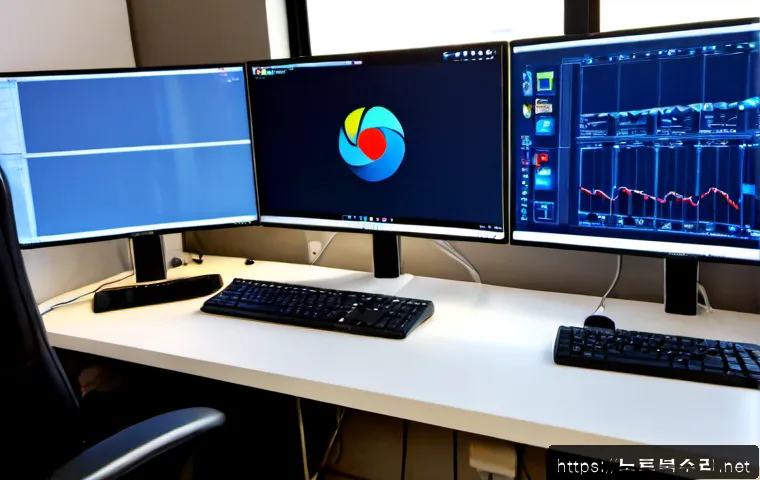 율목동 MEMORY_MANAGEMENT - Photorealistic IT support workstation in a compact Yulmok-dong office, dual monitors showing abstrac...
